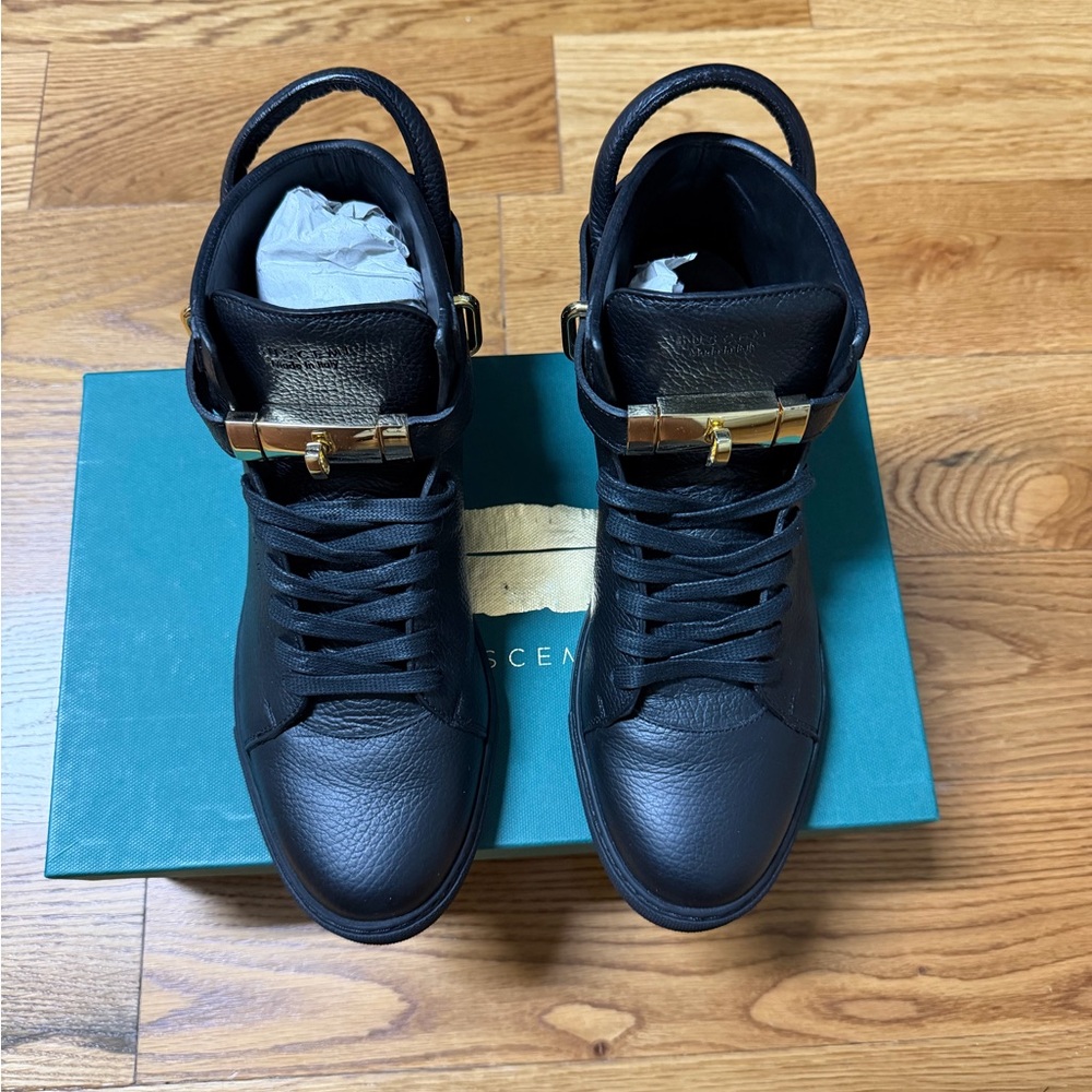 Buscemi Black Leather High-Top Sneakers with Gold Accents